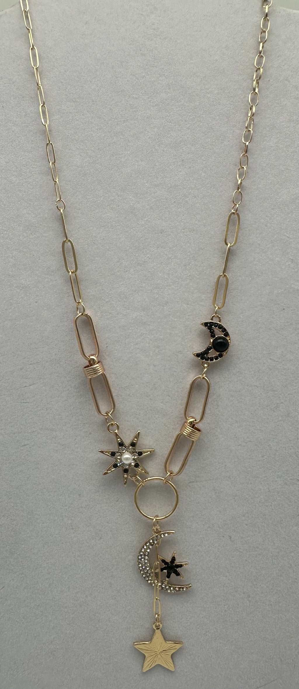 Gold Metal Black Asymmetrical Moon Stars Multi Charm Pendant Necklace