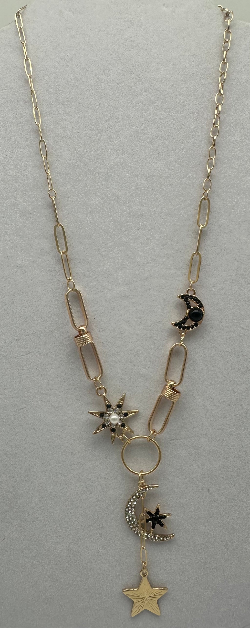 Gold Metal Black Asymmetrical Moon Stars Multi Charm Pendant Necklace