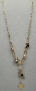 Gold Metal Black Asymmetrical Moon Stars Multi Charm Pendant Necklace