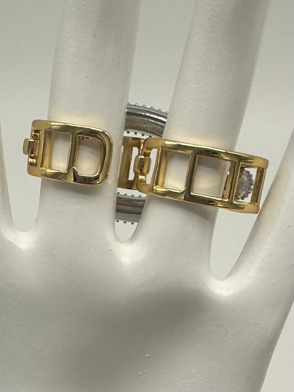 Double finger multi metal chunky modern buckle ring. (Ring only). See other listings for other pieces of the set.
