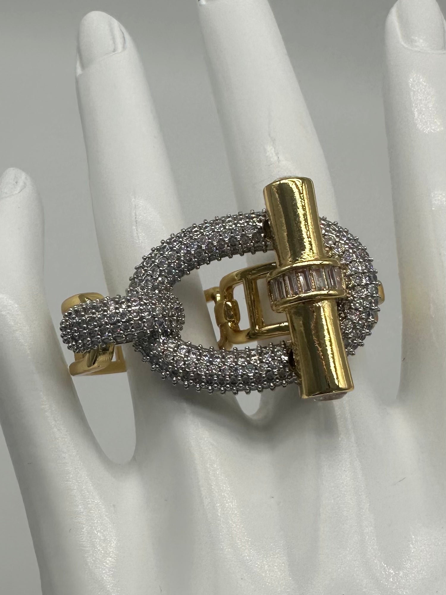 Double finger multi metal chunky modern buckle ring. (Ring only). See other listings for other pieces of the set.