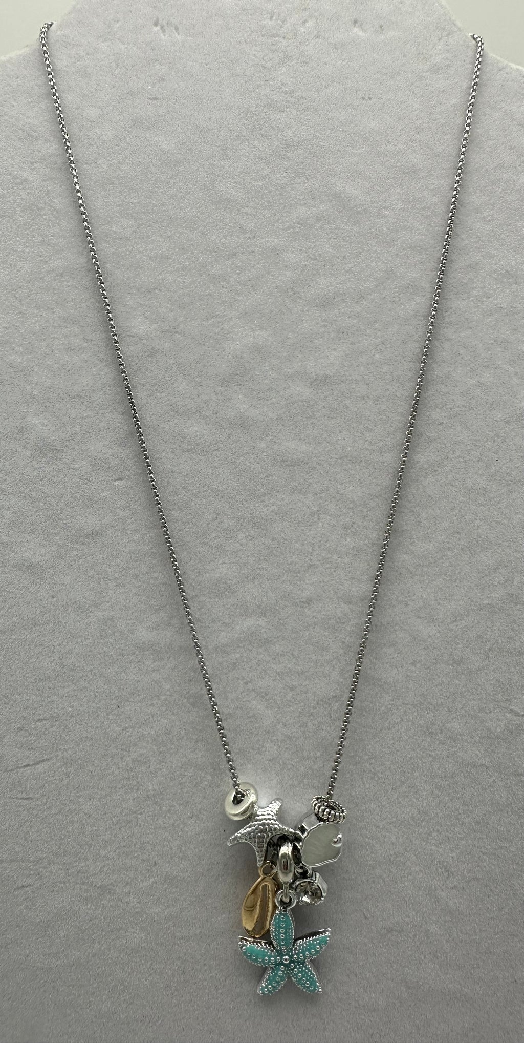 Silver Metal Beach Shell Starfish Ocean Multi Charm Pendant Necklace