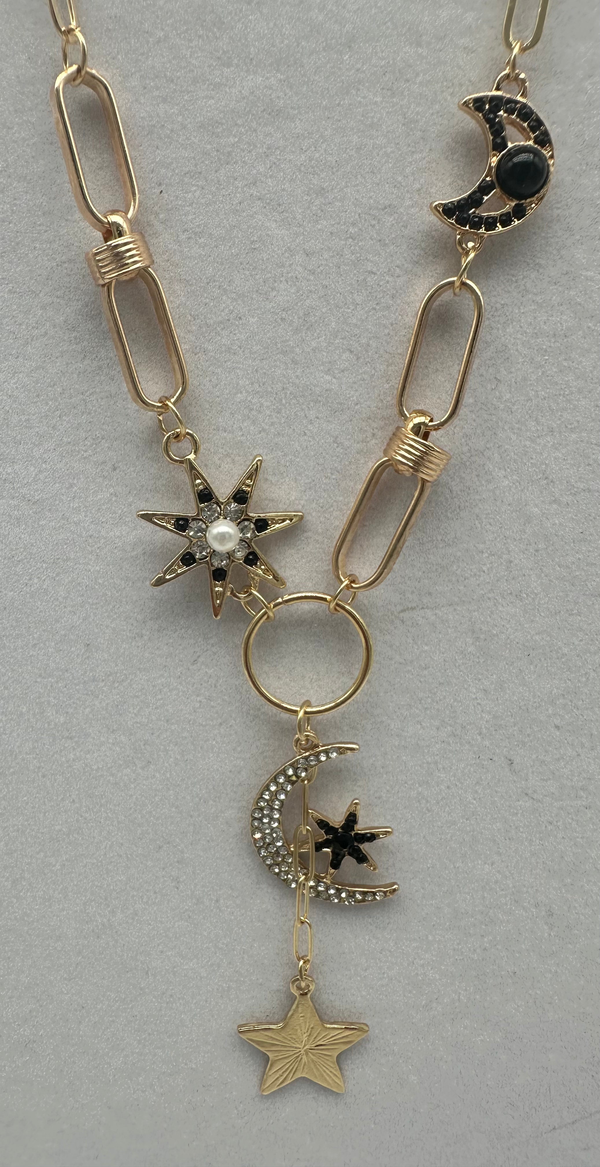 Gold Metal Black Asymmetrical Moon Stars Multi Charm Pendant Necklace