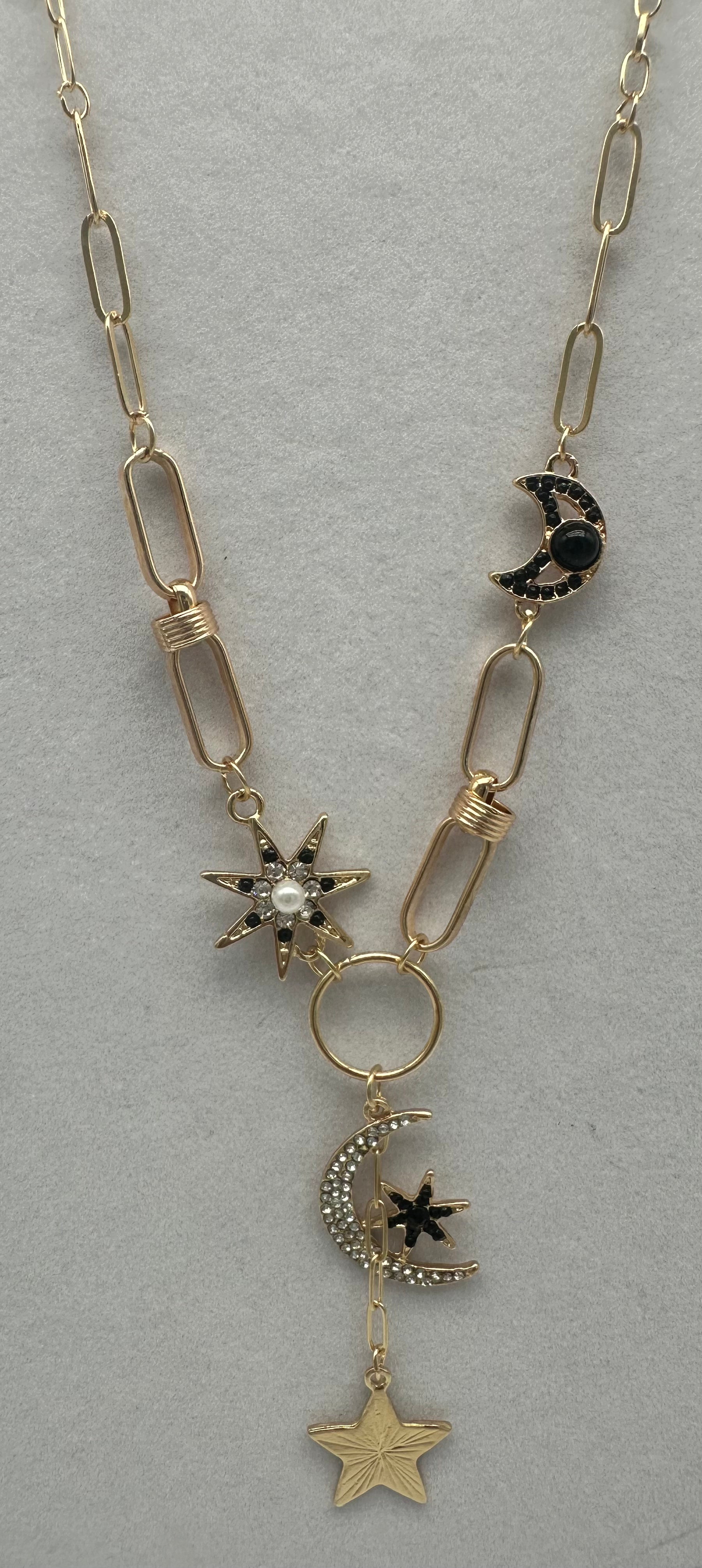 Gold Metal Black Asymmetrical Moon Stars Multi Charm Pendant Necklace