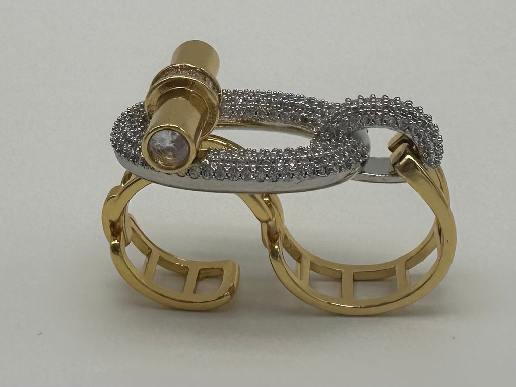 Double finger multi metal chunky modern buckle ring. (Ring only). See other listings for other pieces of the set.