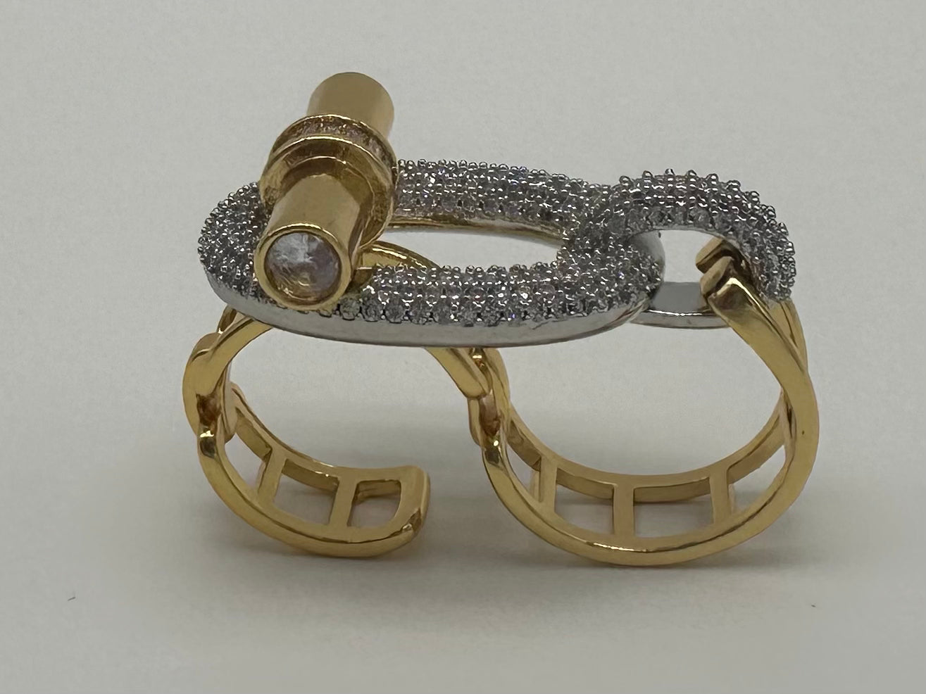 Double finger multi metal chunky modern buckle ring. (Ring only). See other listings for other pieces of the set.