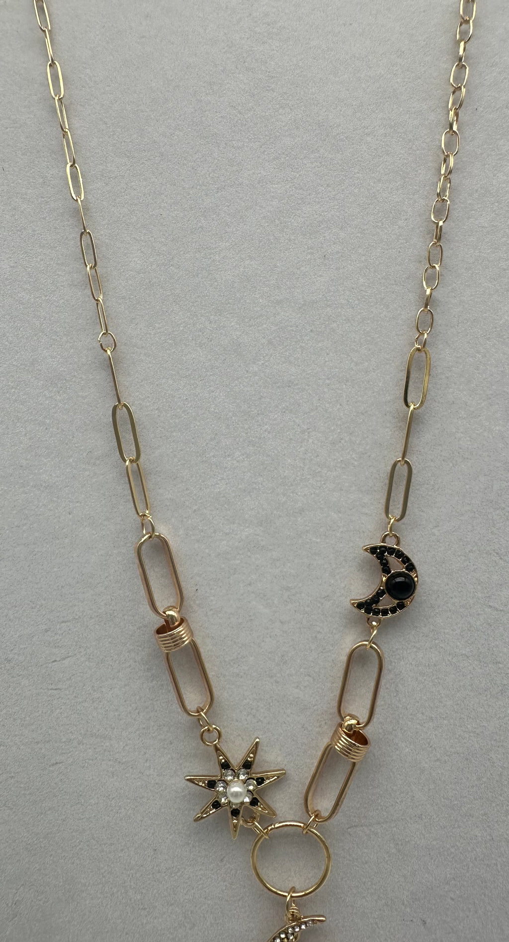 Gold Metal Black Asymmetrical Moon Stars Multi Charm Pendant Necklace