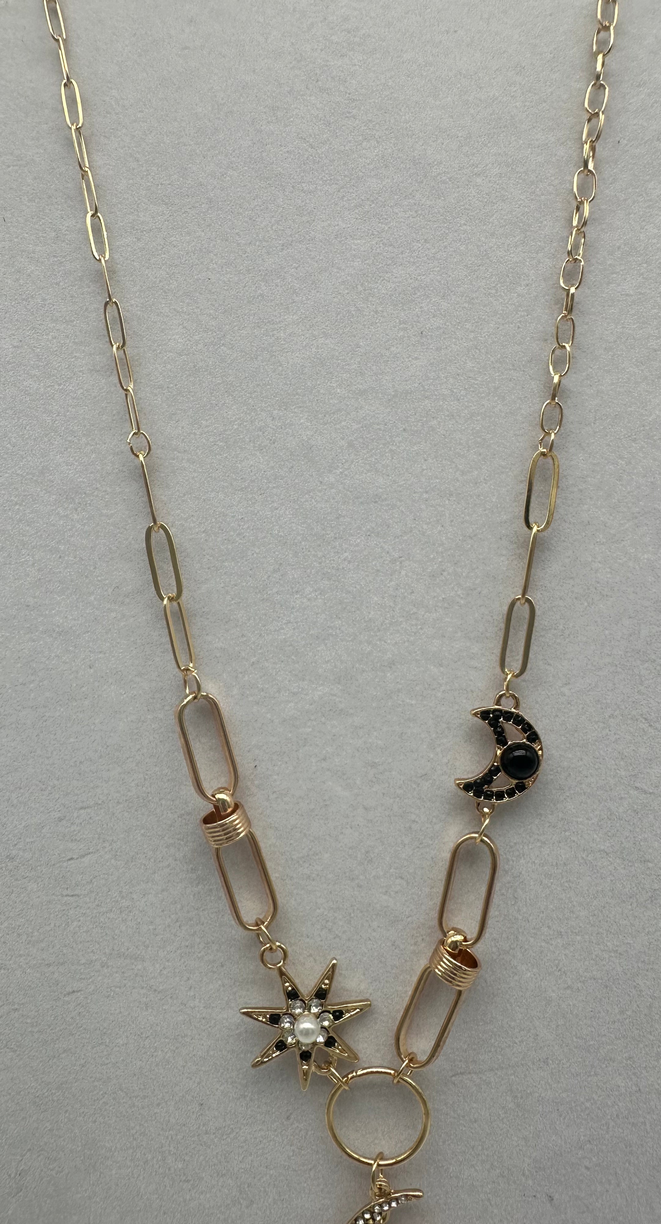 Gold Metal Black Asymmetrical Moon Stars Multi Charm Pendant Necklace
