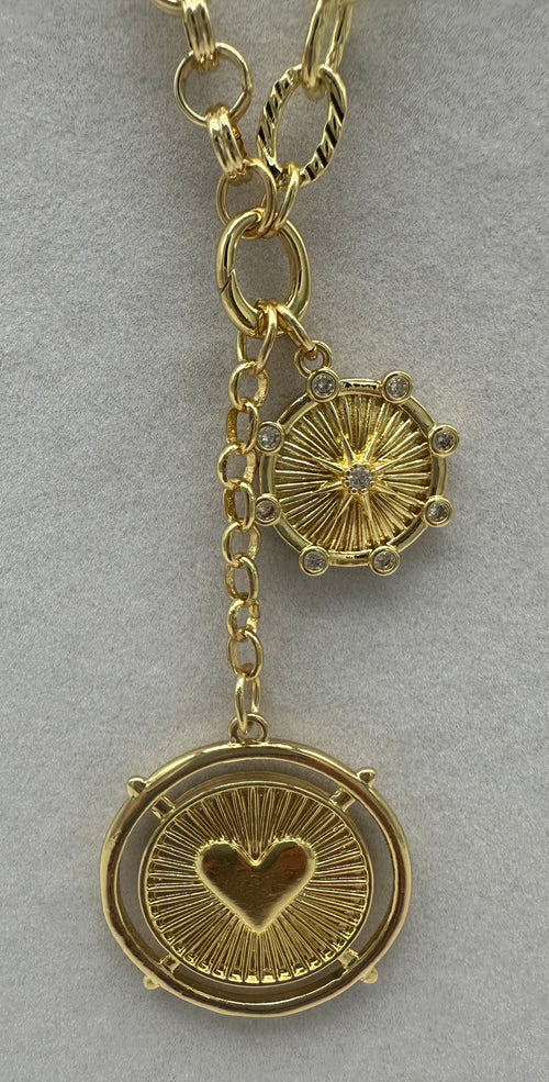 14K Gold Plated Chunky Heart Pendant Multi Charm Necklace