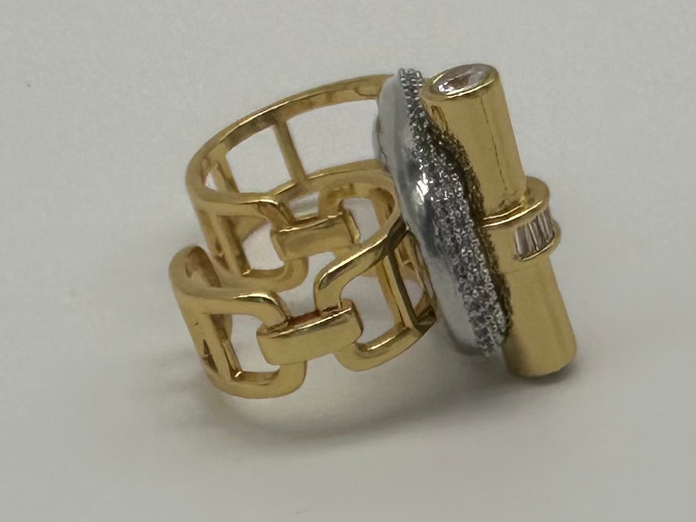 Double finger multi metal chunky modern buckle ring. (Ring only). See other listings for other pieces of the set.
