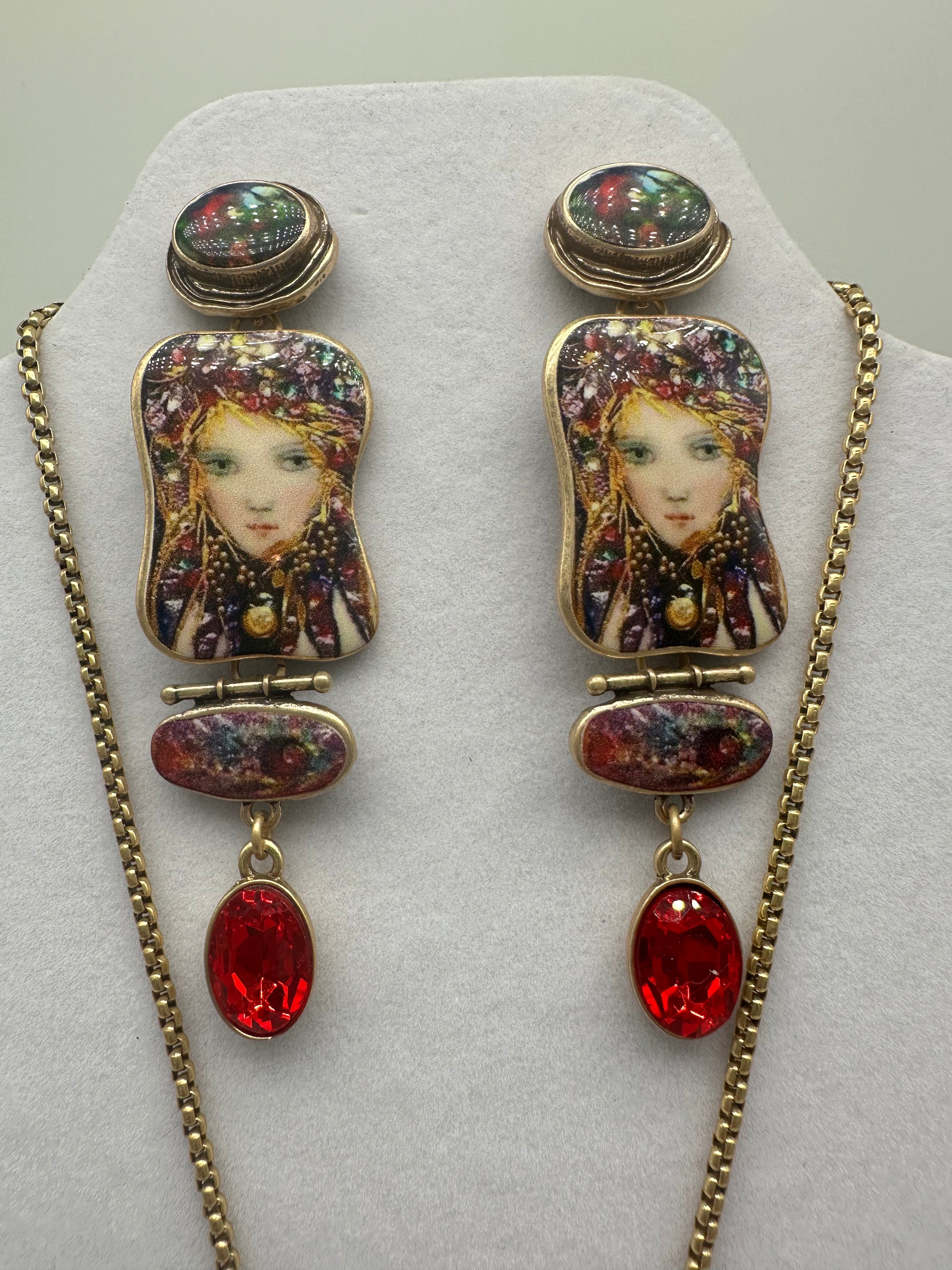 Amazing unique wearable art mermaid enamel statement necklace earrings set