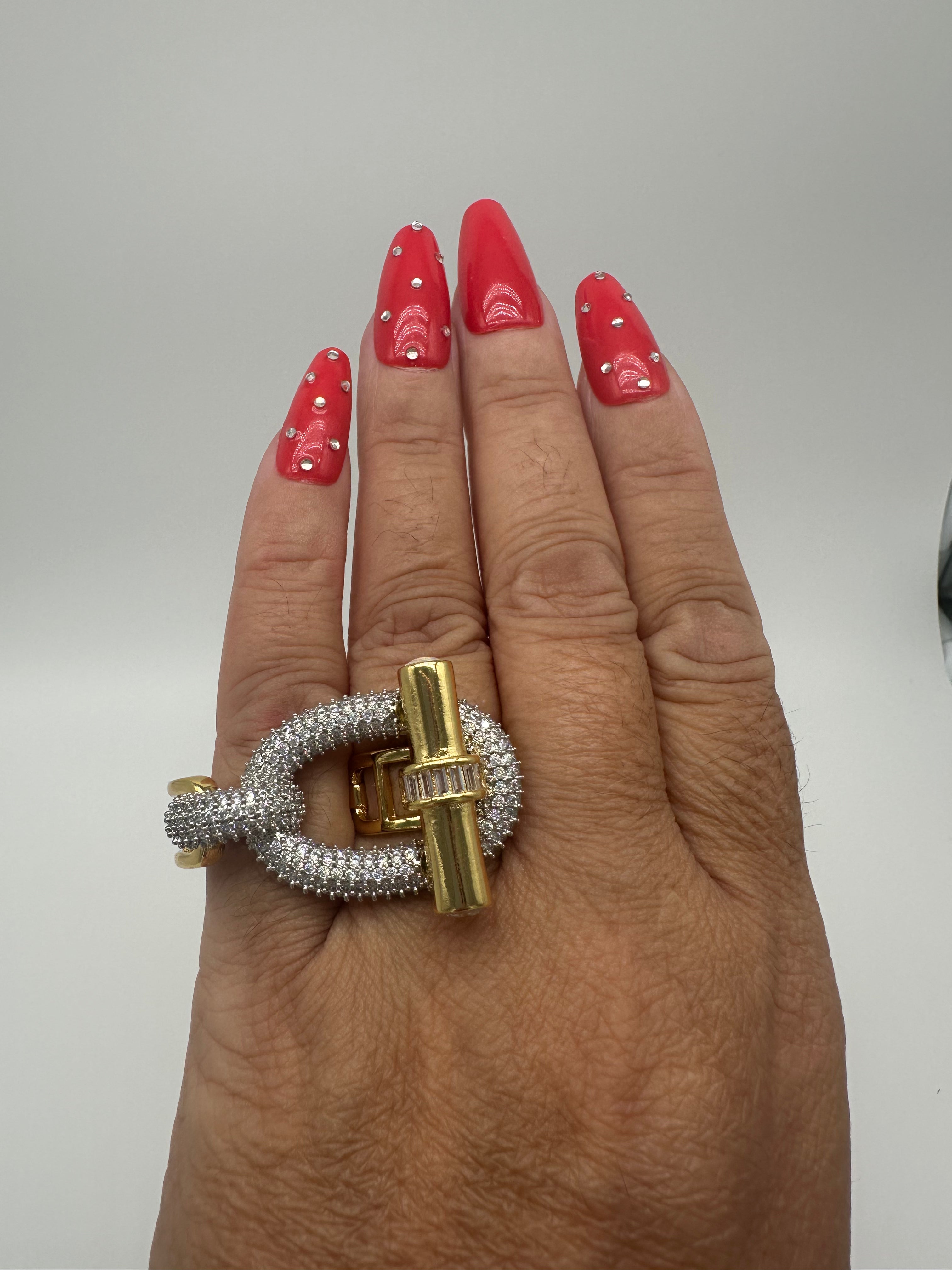 Double finger multi metal chunky modern buckle ring. (Ring only). See other listings for other pieces of the set.