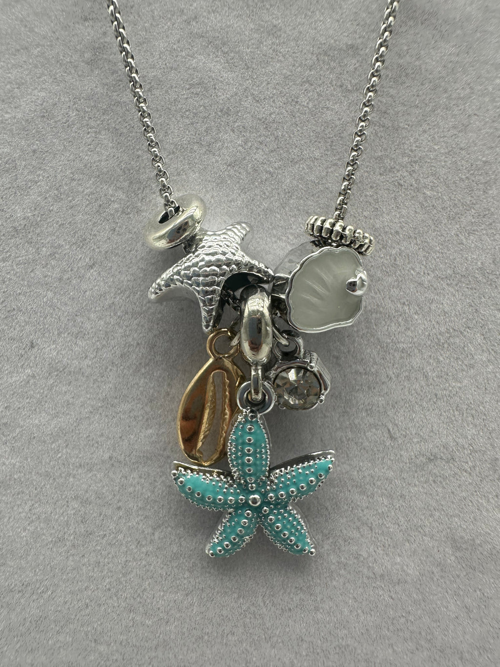 Silver Metal Beach Shell Starfish Ocean Multi Charm Pendant Necklace