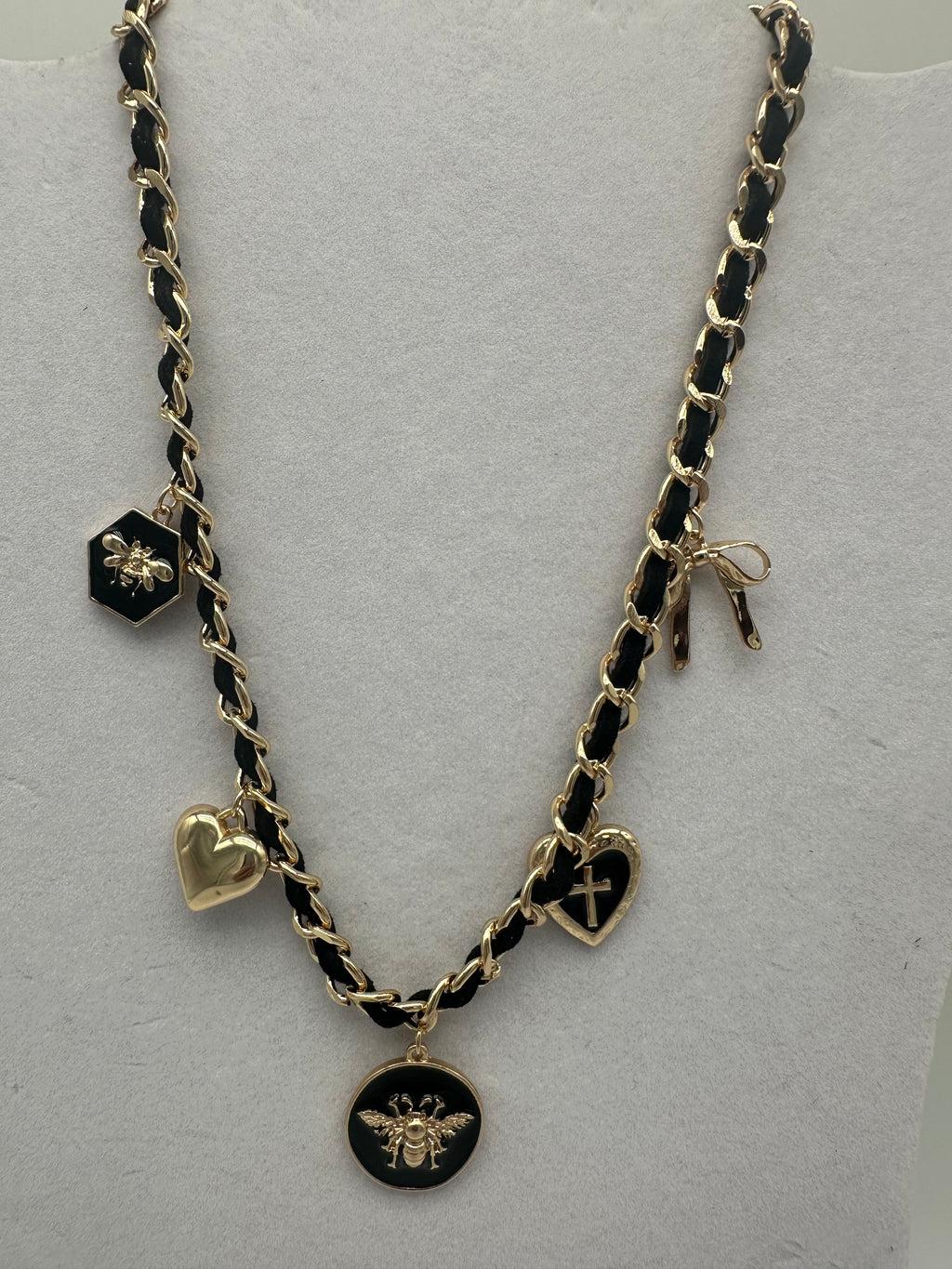 Black Gold Bee, heart, bow, Multi Charm Necklace