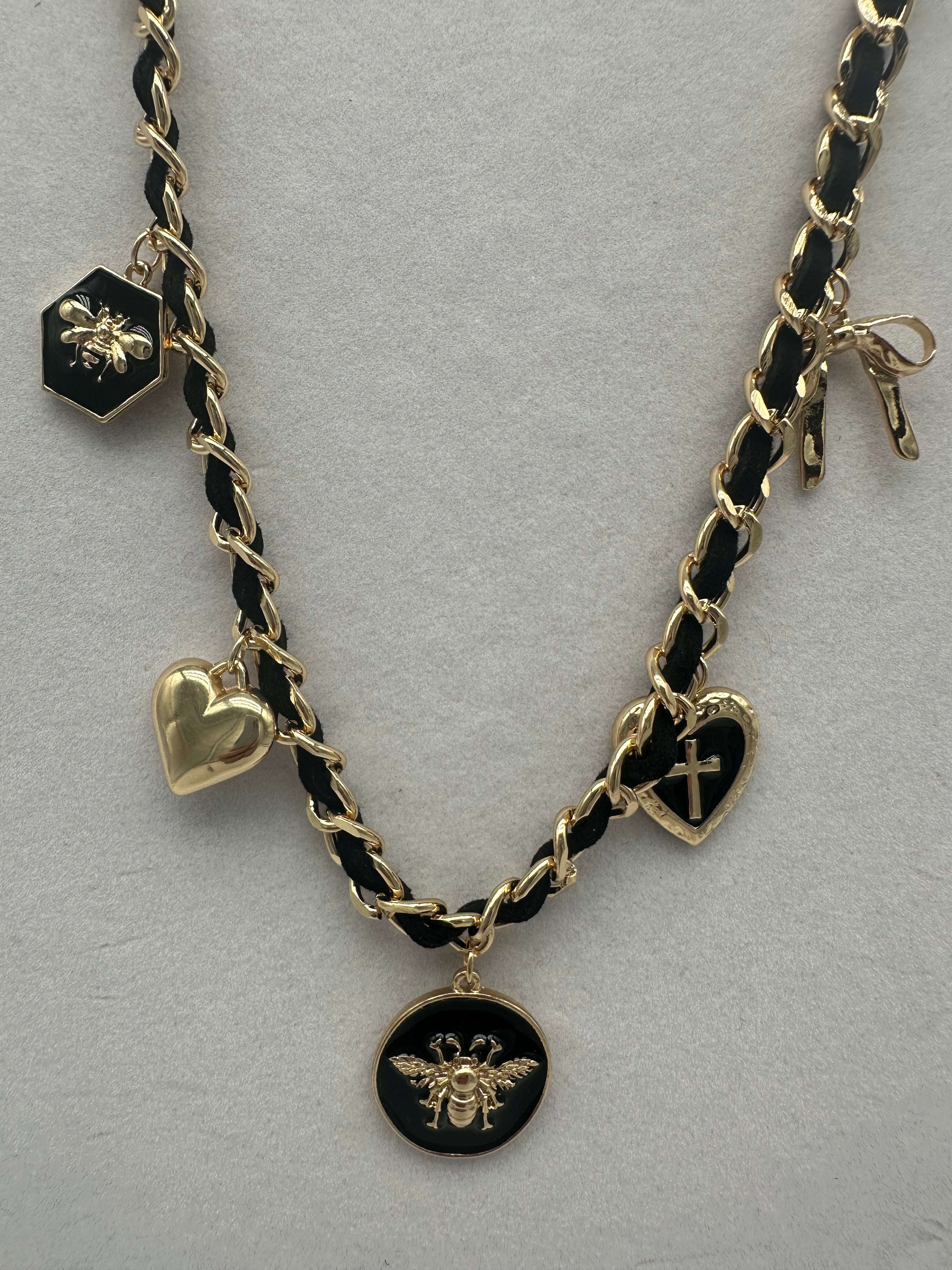 Black Gold Bee, heart, bow, Multi Charm Necklace
