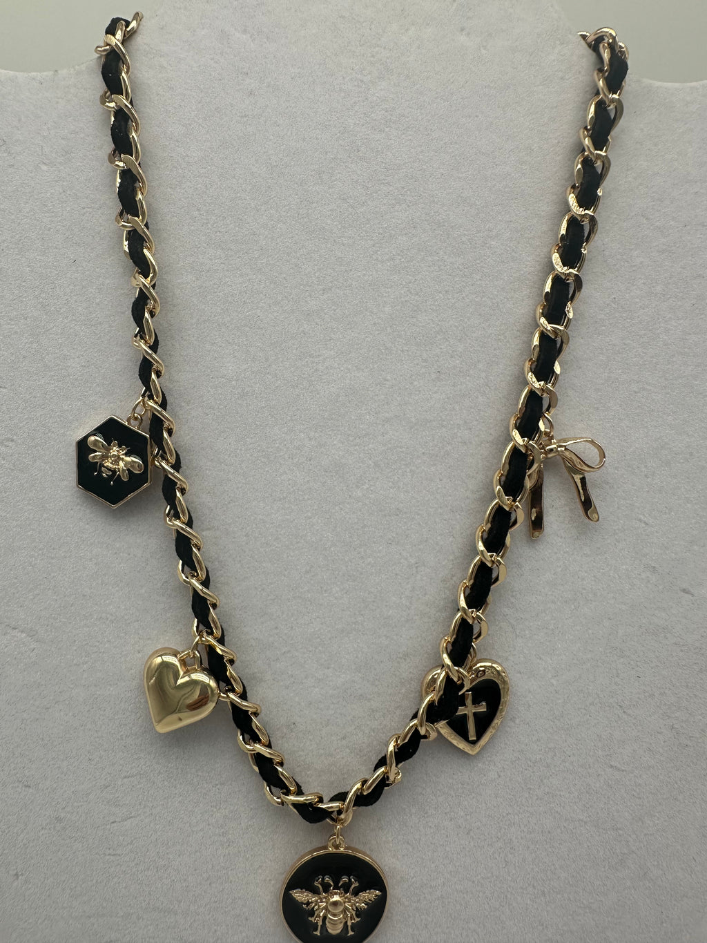 Black Gold Bee, heart, bow, Multi Charm Necklace