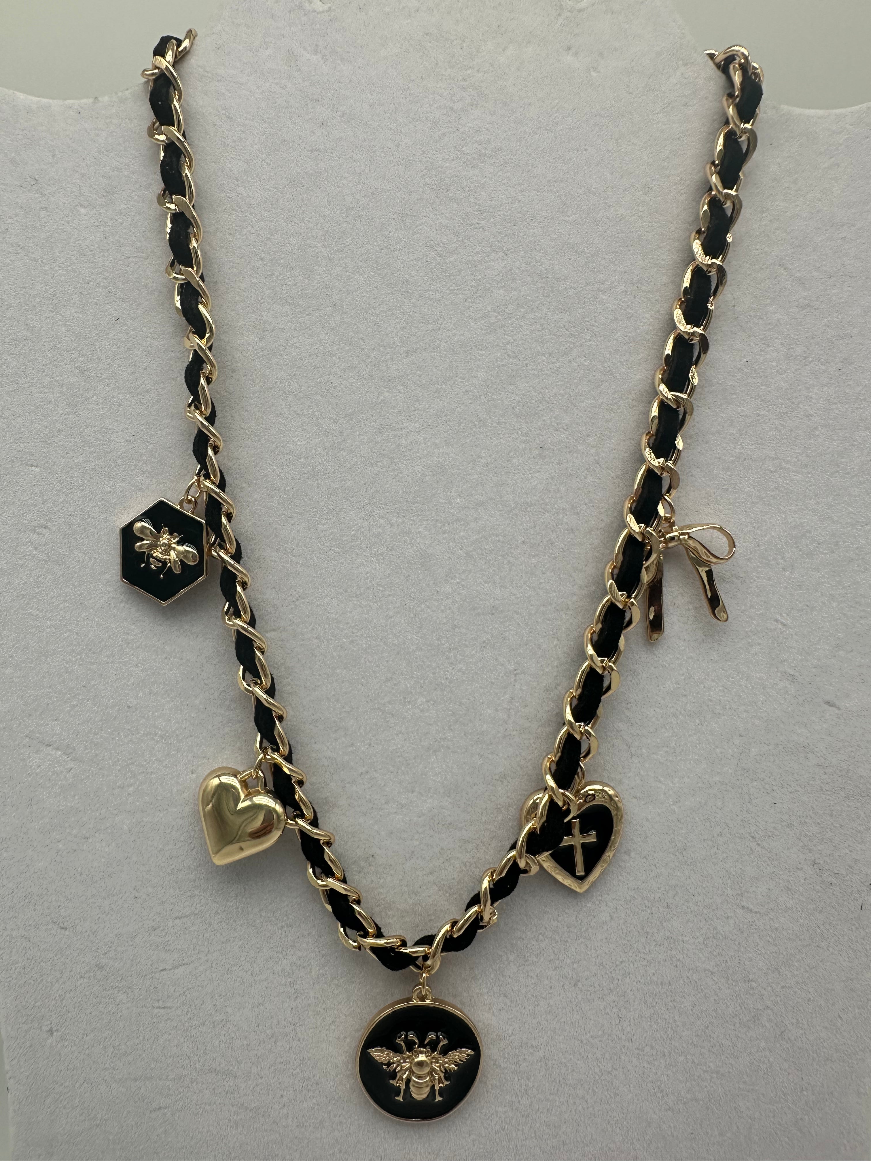 Black Gold Bee, heart, bow, Multi Charm Necklace
